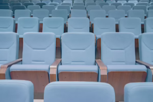 Rows of blue seats in a modern auditorium