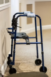 Mobility aid standing in a senior living facility hallway